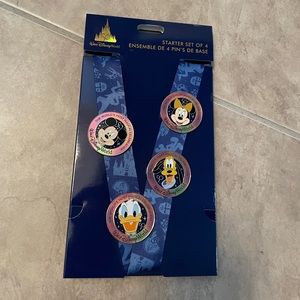 Disney Parks 50th Anniversary Starter Set of 4 Pins w/ Characters & Lanyard NEW